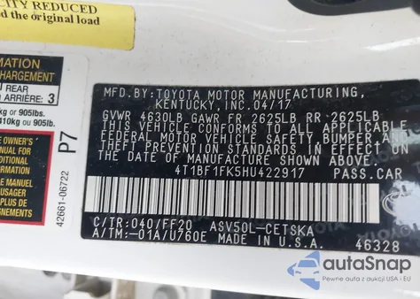 2017 Toyota Camry Se z USA, uszkodzony, nr VIN 4T1BF1FK5HU422917
